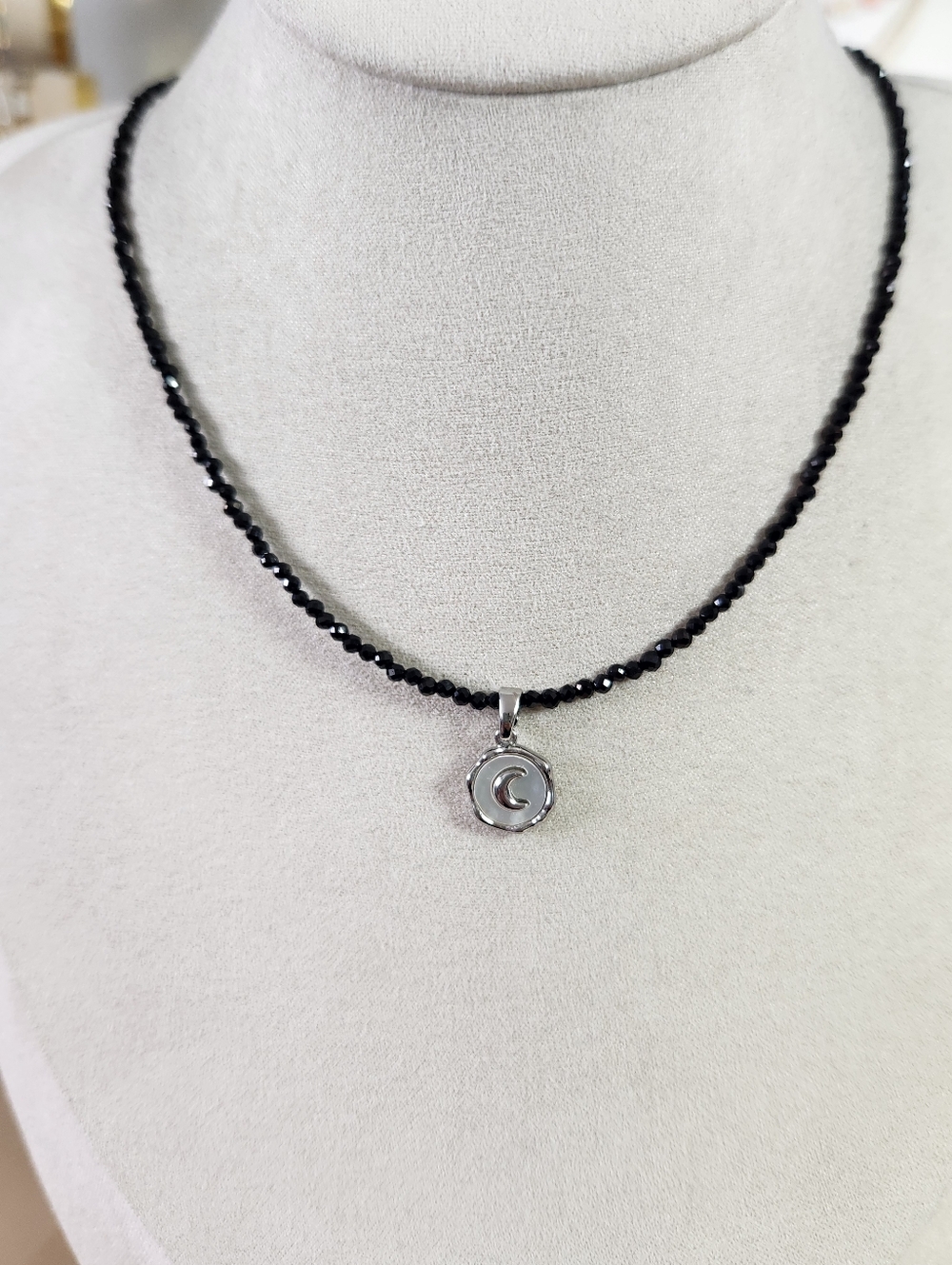 Dainty Black Spinel Beaded Necklace With Moon Mother Of Pearl Charm